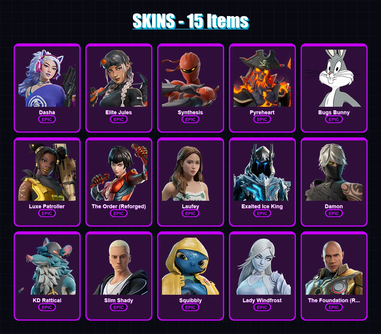 [PC/PSN] | Dasha | Elite Jules | Synthesis | Pyreheart | Bugs Bunny | 15 skin | 37 pickaxe | 22 emote | 27 glider | Lv409
