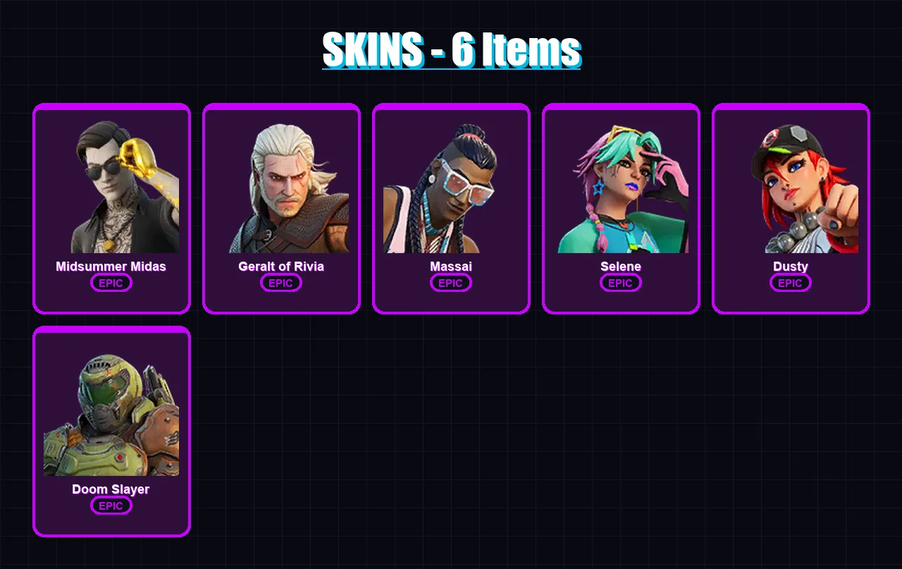 [PC/XBOX] | Midsummer Midas | Geralt of Rivia | Massai | Selene | Dusty | 6 skin | 10 pickaxe | 10 emote | 17 glider | Lv185