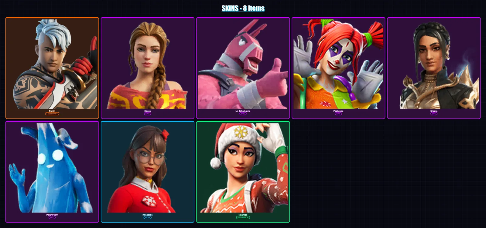 [SWITCH/XBOX/PSN/PC] | Ronin | Haven | Lt. John Llama | Peekaboo | Shanta | 8 skin | 12 pickaxe | 9 emote | 8 glider | Lv62