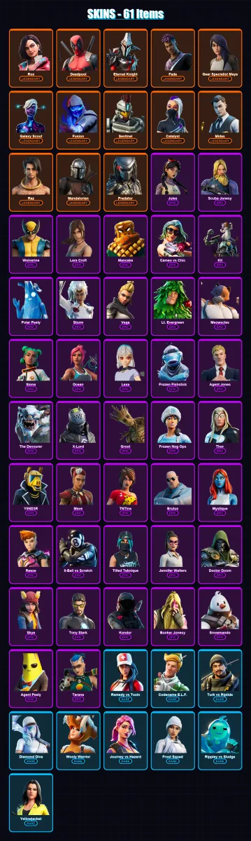 [SWITCH/XBOX/PSN/PC] | Rox | Deadpool | Eternal Knight | Fade | Gear Specialist Maya | 61 skin | 75 pickaxe | 65 emote | 78 glider | Lv1228