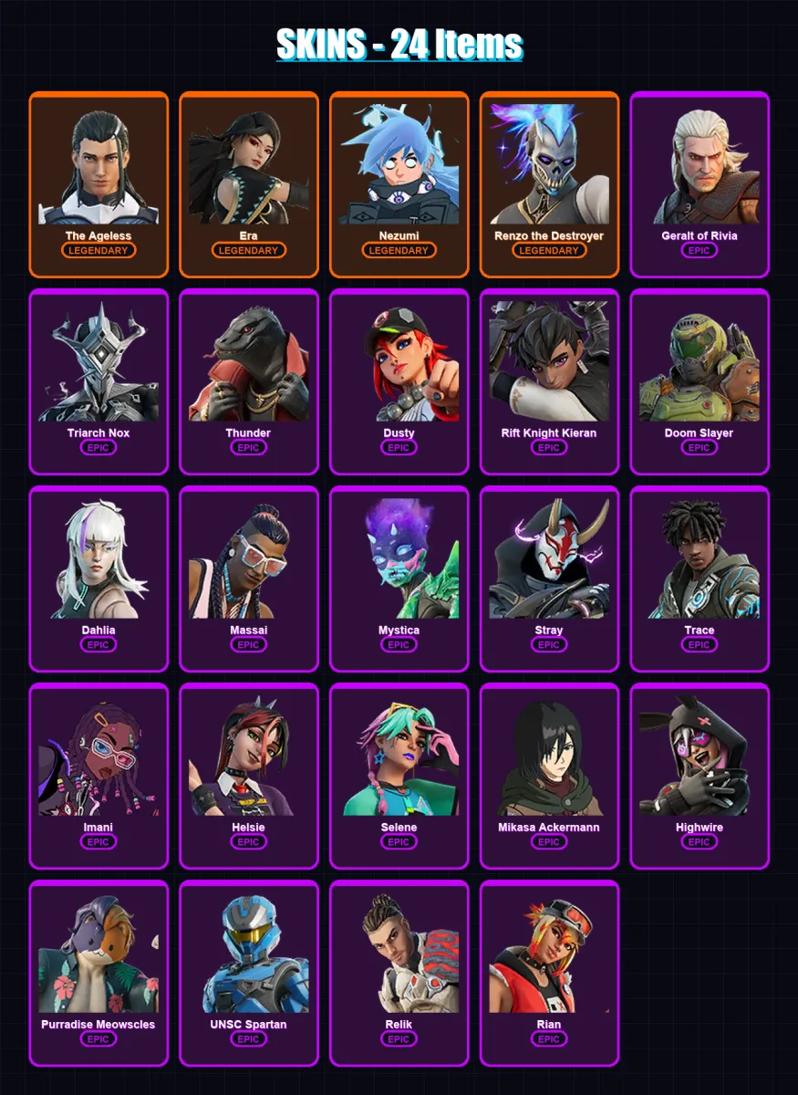 [PS4/PS5/XBOX/PC] | The Ageless | Era | Nezumi | Renzo the Destroyer | Geralt of Rivia | 24 skin | 37 pickaxe | 23 emote | 36 glider | Lv369