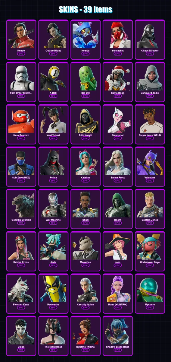 [PS4/PS5/XBOX/PC] | Kendo | Outlaw Midas | Nyanja | Yulejacket | Chaos Director | 39 skin | 71 pickaxe | 42 emote | 47 glider | Lv655