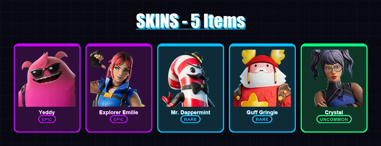 [PC/XBOX] | Yeddy | Explorer Emilie | Mr. Dappermint | Guff Gringle | Crystal | 5 skin | 6 pickaxe | 5 emote | 5 glider | Lv41