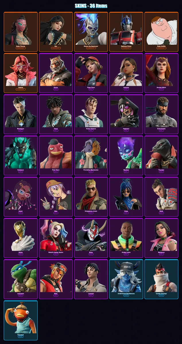[PC/XBOX/PSN] | Kado Thorne | Era | Renzo the Destroyer | Optimus Prime | Peter Griffin | 36 skin | 45 pickaxe | 52 emote | 42 glider | Lv569