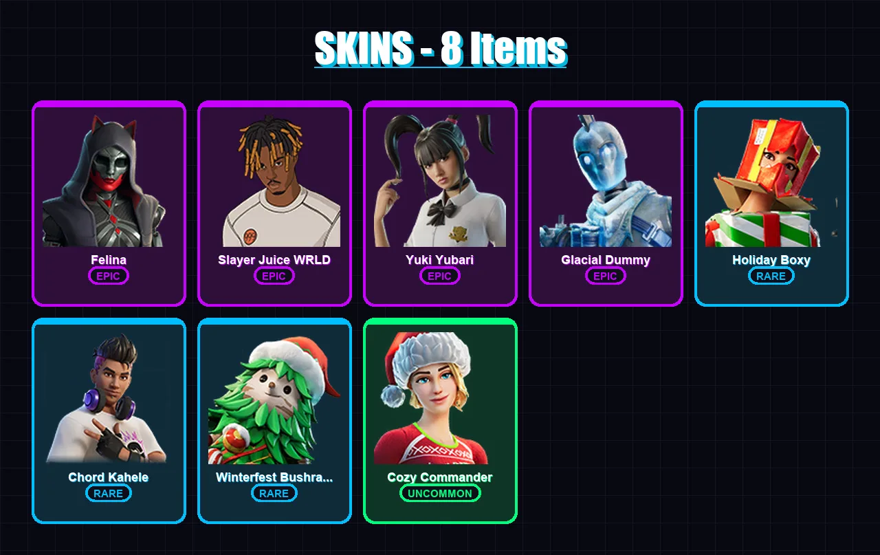 [PC/XBOX/PSN] | Felina | Slayer Juice WRLD | Yuki Yubari | Glacial Dummy | Holiday Boxy | 8 skin | 41 pickaxe | 10 emote | 24 glider | Lv342