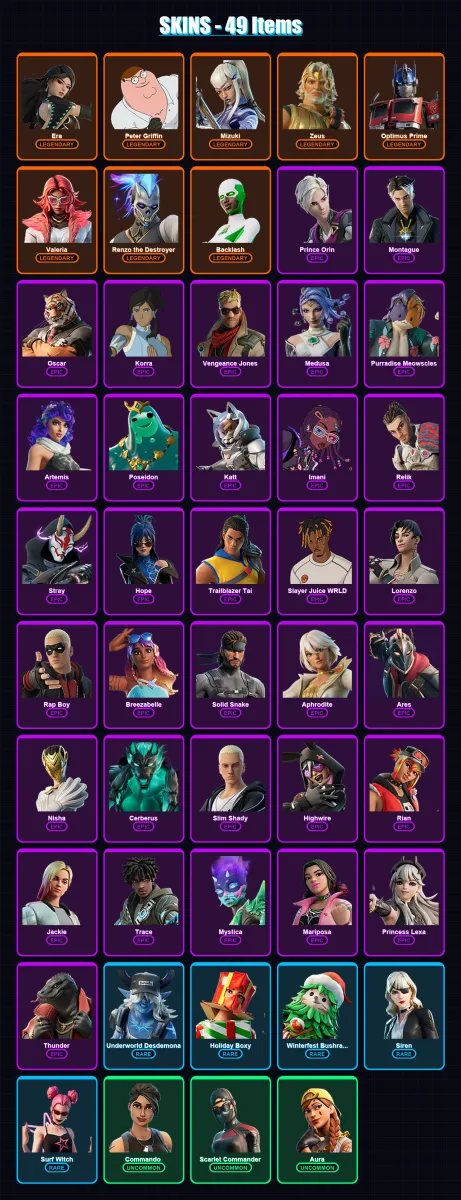 [PS4/PS5/XBOX/PC] | Era | Peter Griffin | Mizuki | Zeus | Optimus Prime | 49 skin | 65 pickaxe | 60 emote | 46 glider | Lv646