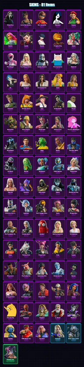 [PC/XBOX/PSN] | Ghost Face | Iconic Kim Kardashian | Mrs. Incredible | Marceline | Cammy | 81 skin | 109 pickaxe | 64 emote | 64 glider | Lv647