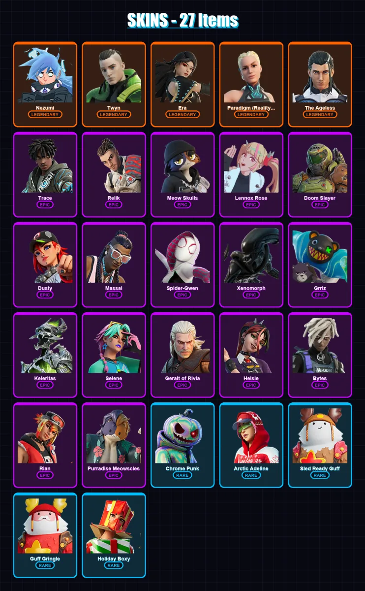 [PC/XBOX/PSN] | Nezumi | Twyn | Era | Paradigm (Reality-659) | The Ageless | 27 skin | 31 pickaxe | 36 emote | 38 glider | Lv555
