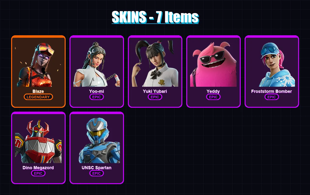[PC] | Blaze | Yoo-mi | Yuki Yubari | Yeddy | Froststorm Bomber | 7 skin | 18 pickaxe | 7 emote | 9 glider | Lv69