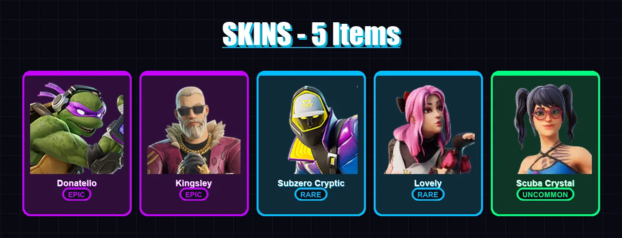 [PS4/PS5/XBOX/PC] | Donatello | Kingsley | Subzero Cryptic | Lovely | Scuba Crystal | 5 skin | 19 pickaxe | 9 emote | 12 glider | Lv189