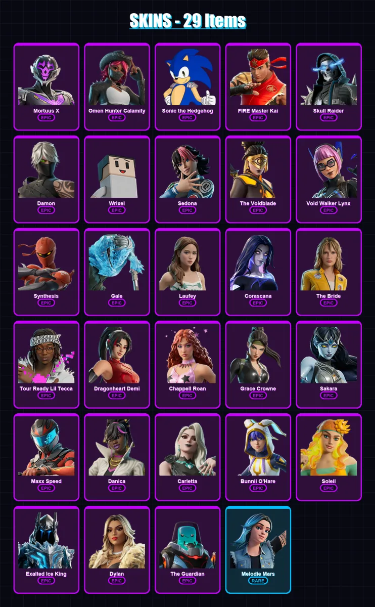 [PC/PSN] | Mortuus X | Omen Hunter Calamity | Sonic the Hedgehog | FIRE Master Kai | Skull Raider | 29 skin | 14 pickaxe | 2 emote | 4 glider | Lv2