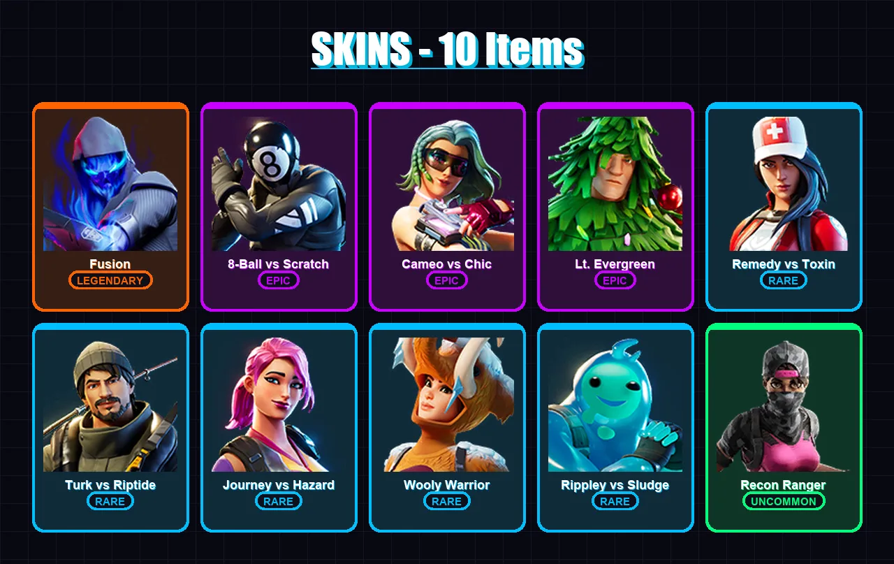 [PC/XBOX/PSN] | Fusion | 8-Ball vs Scratch | Cameo vs Chic | Lt. Evergreen | Remedy vs Toxin | 10 skin | 17 pickaxe | 23 emote | 21 glider | Lv426 — Fortnite account