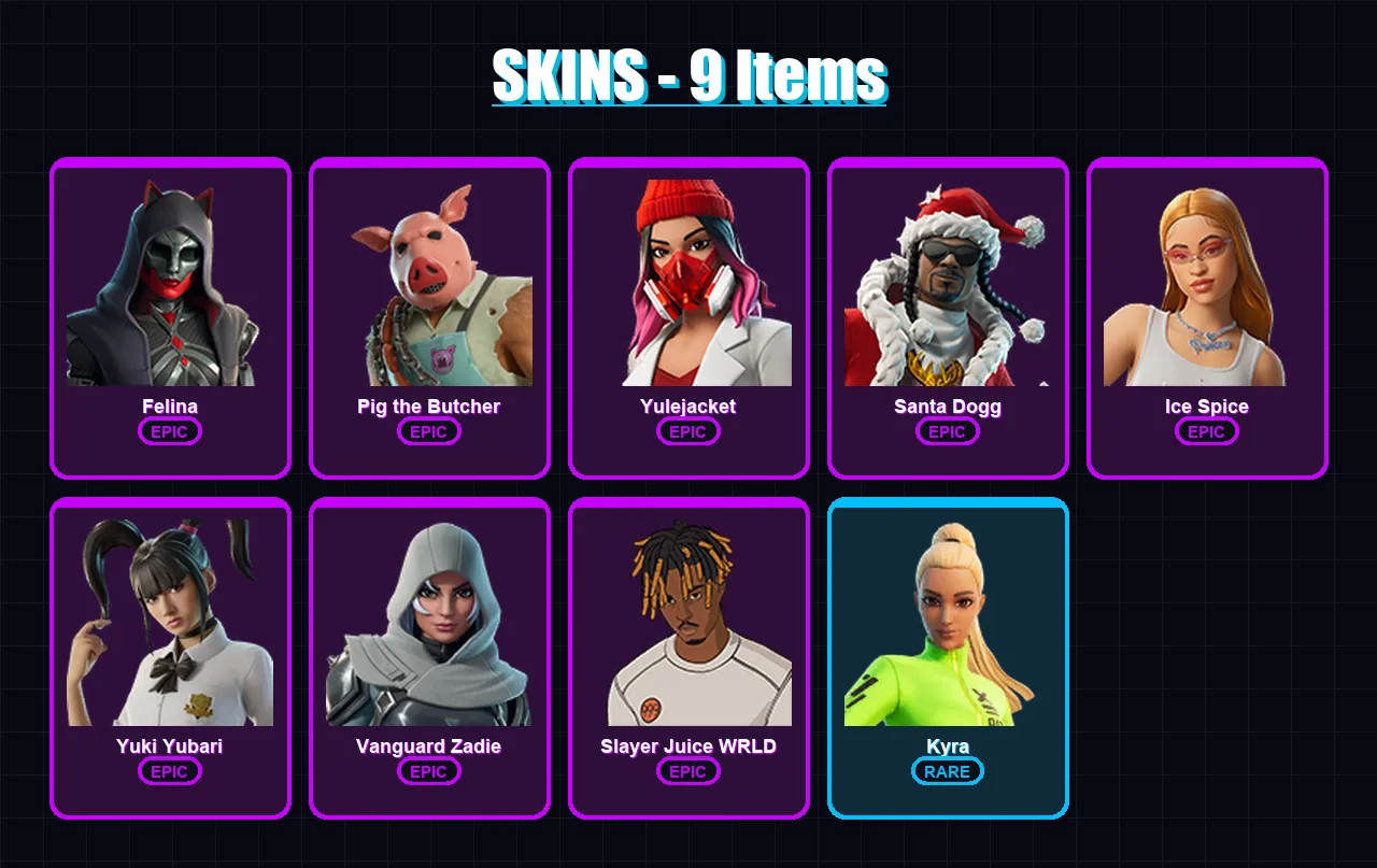 [PC/XBOX/PSN] | Felina | Pig the Butcher | Yulejacket | Santa Dogg | Ice Spice | 9 skin | 50 pickaxe | 22 emote | 35 glider | Lv539