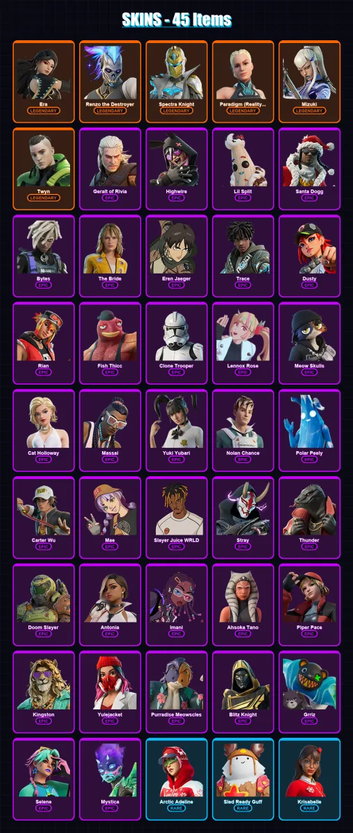 [PC/PSN] | Era | Renzo the Destroyer | Spectra Knight | Paradigm (Reality-659) | Mizuki | 45 skin | 82 pickaxe | 56 emote | 75 glider | Lv1024