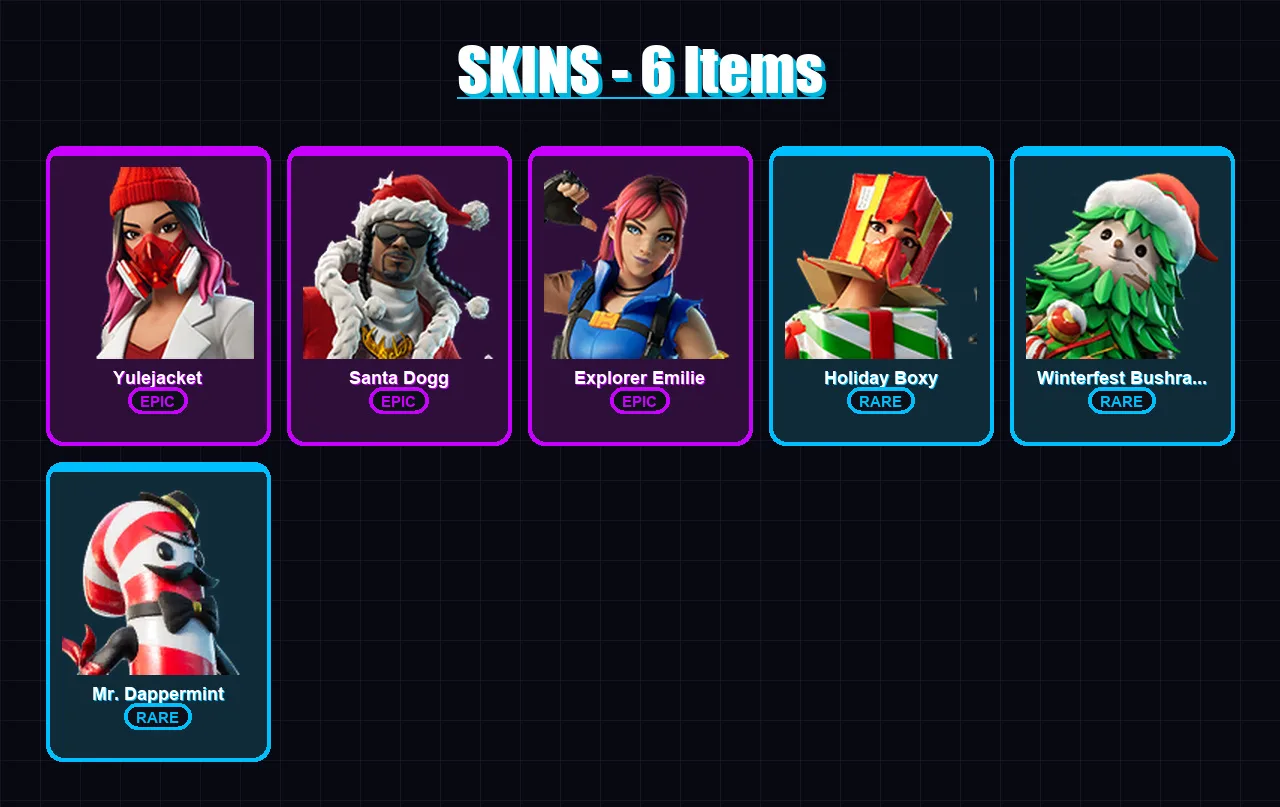 [PC/XBOX/PSN] | Yulejacket | Santa Dogg | Explorer Emilie | Holiday Boxy | Winterfest Bushranger | 6 skin | 5 pickaxe | 2 emote | 4 glider | Lv6