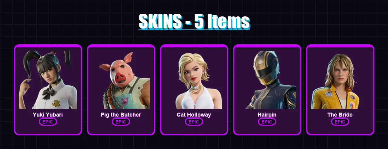 [PC/XBOX/PSN] | Yuki Yubari | Pig the Butcher | Cat Holloway | Hairpin | The Bride | 5 skin | 17 pickaxe | 8 emote | 13 glider | Lv150 — Game account
