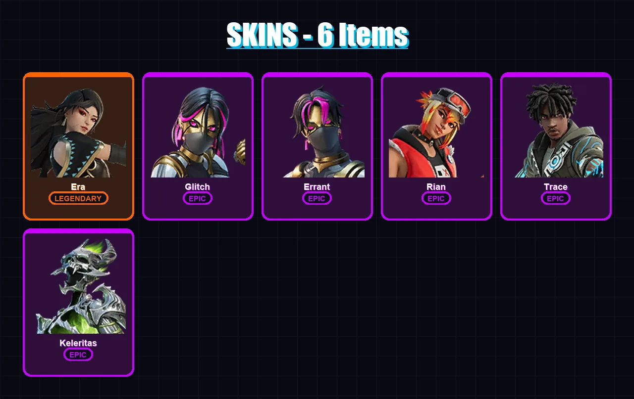 [PC/PSN] | Era | Glitch | Errant | Rian | Trace | 6 skin | 7 pickaxe | 8 emote | 8 glider | Lv46
