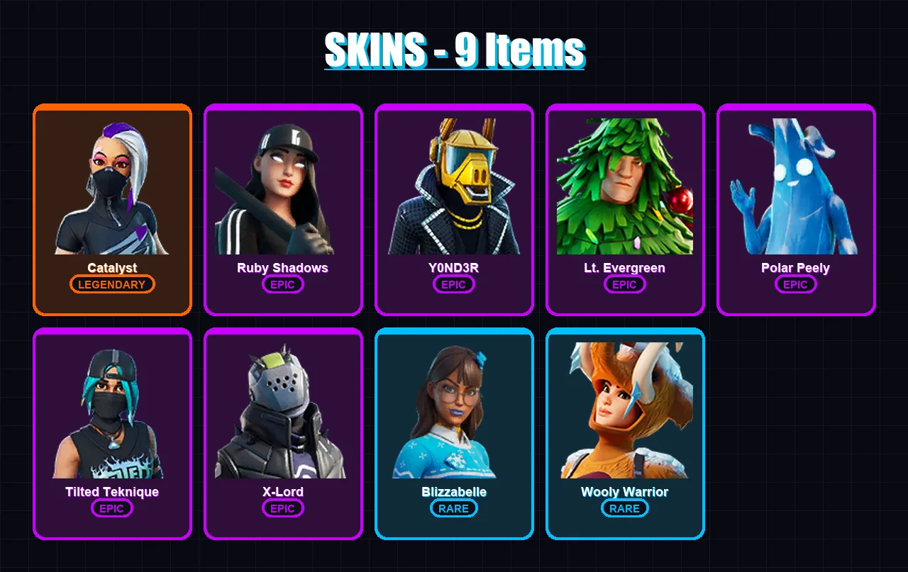 [PC/PSN] | Catalyst | Ruby Shadows | Y0ND3R | Lt. Evergreen | Polar Peely | 9 skin | 21 pickaxe | 19 emote | 12 glider | Lv149