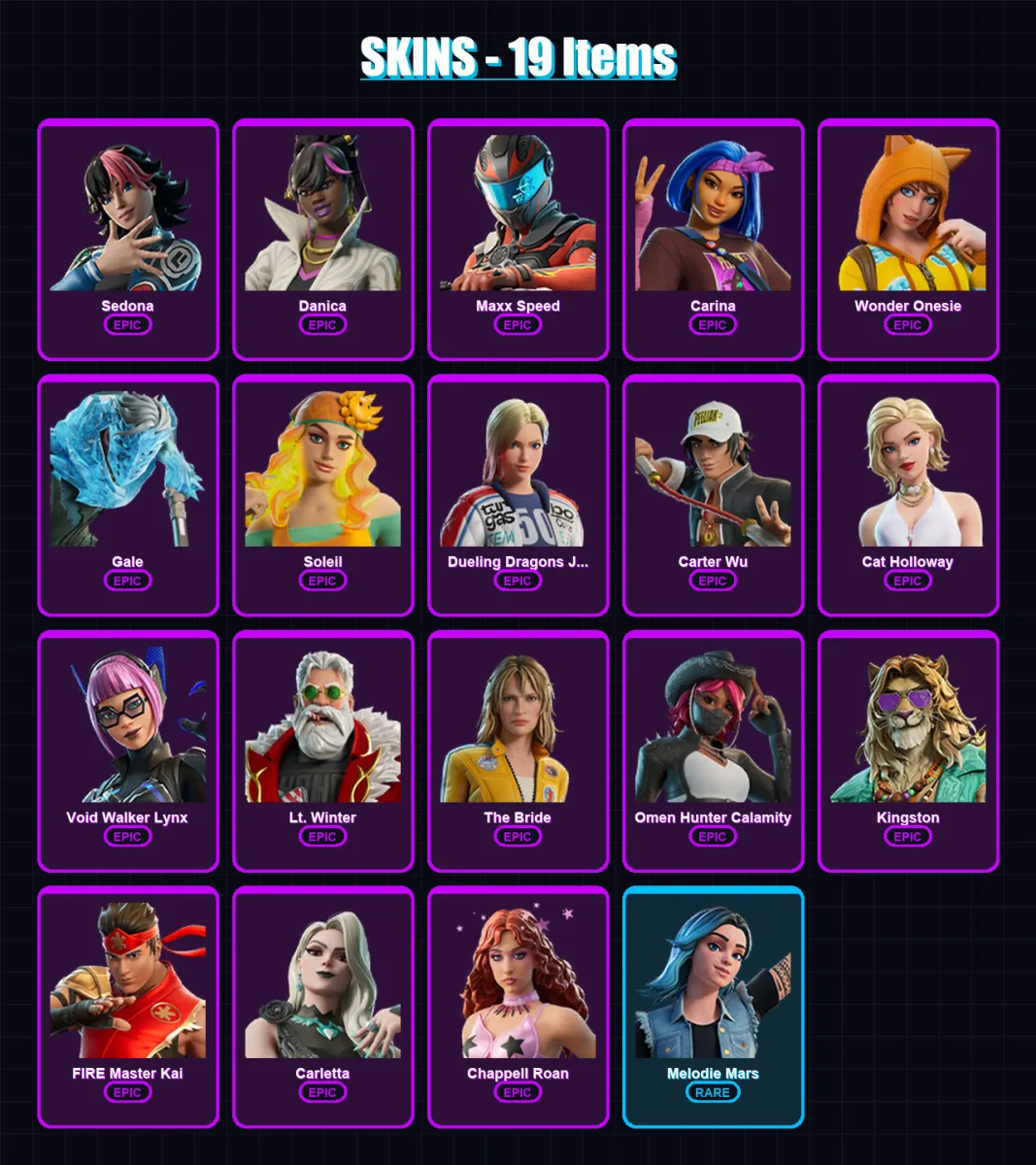 [PC/XBOX/PSN] | Sedona | Danica | Maxx Speed | Carina | Wonder Onesie | 19 skin | 21 pickaxe | 16 emote | 15 glider | Lv63
