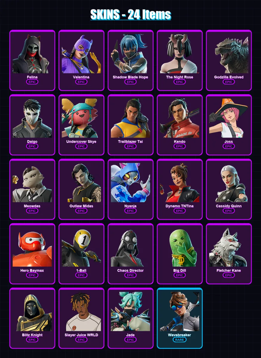 [PC/XBOX] | Felina | Valentina | Shadow Blade Hope | The Night Rose | Godzilla Evolved | 24 skin | 48 pickaxe | 30 emote | 33 glider | Lv424 — Fortnite account
