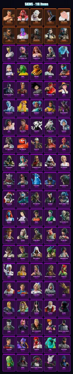 [PC/PSN] | Menace | Valeria | Snap | Fade | Peter Griffin | 118 skin | 175 pickaxe | 119 emote | 120 glider | Lv1634