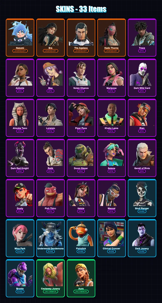 [PC/PSN] | Nezumi | Era | The Ageless | Kado Thorne | Trace | 33 skin | 32 pickaxe | 28 emote | 28 glider | Lv369