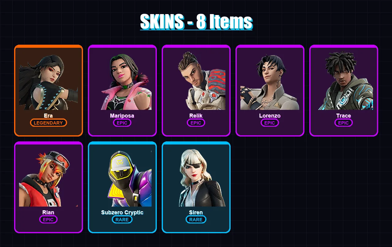 [PS4/PS5/XBOX/PC] | Era | Mariposa | Relik | Lorenzo | Trace | 8 skin | 17 pickaxe | 7 emote | 15 glider | Lv152