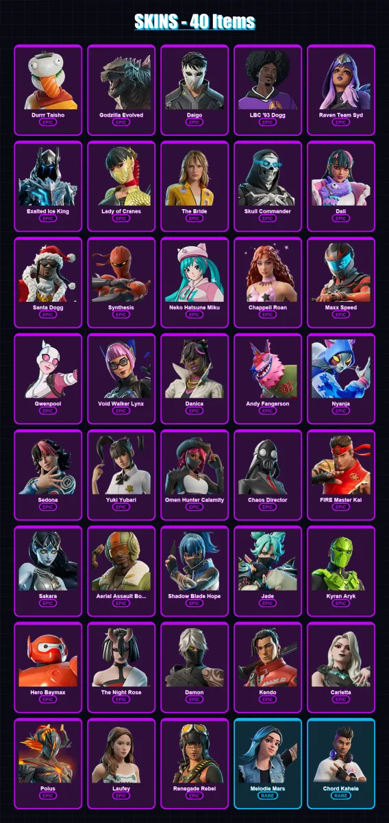[PC/PSN] | Durrr Taisho | Godzilla Evolved | Daigo | LBC '93 Dogg | Raven Team Syd | 40 skin | 30 pickaxe | 18 emote | 14 glider | Lv115