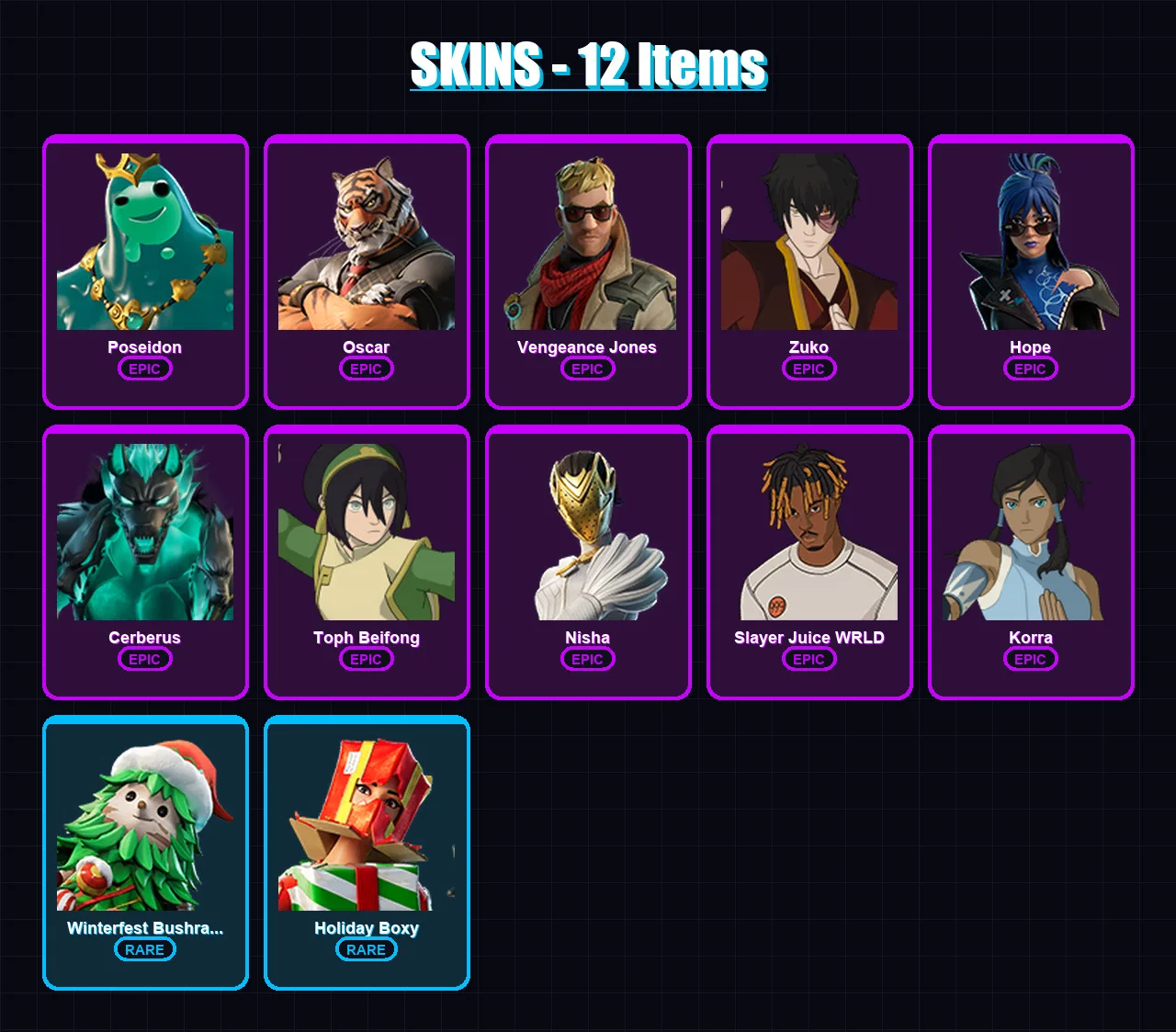 [PC] | Poseidon | Oscar | Vengeance Jones | Zuko | Hope | 12 skin | 22 pickaxe | 15 emote | 16 glider | Lv148