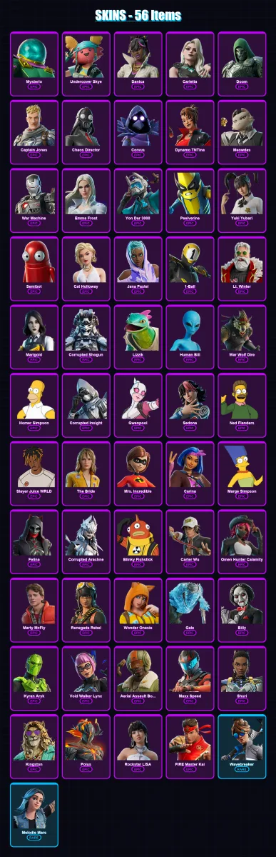 [PS4/PS5/XBOX/PC] | Mysterio | Undercover Skye | Danica | Carletta | Doom | 56 skin | 98 pickaxe | 62 emote | 56 glider | Lv599