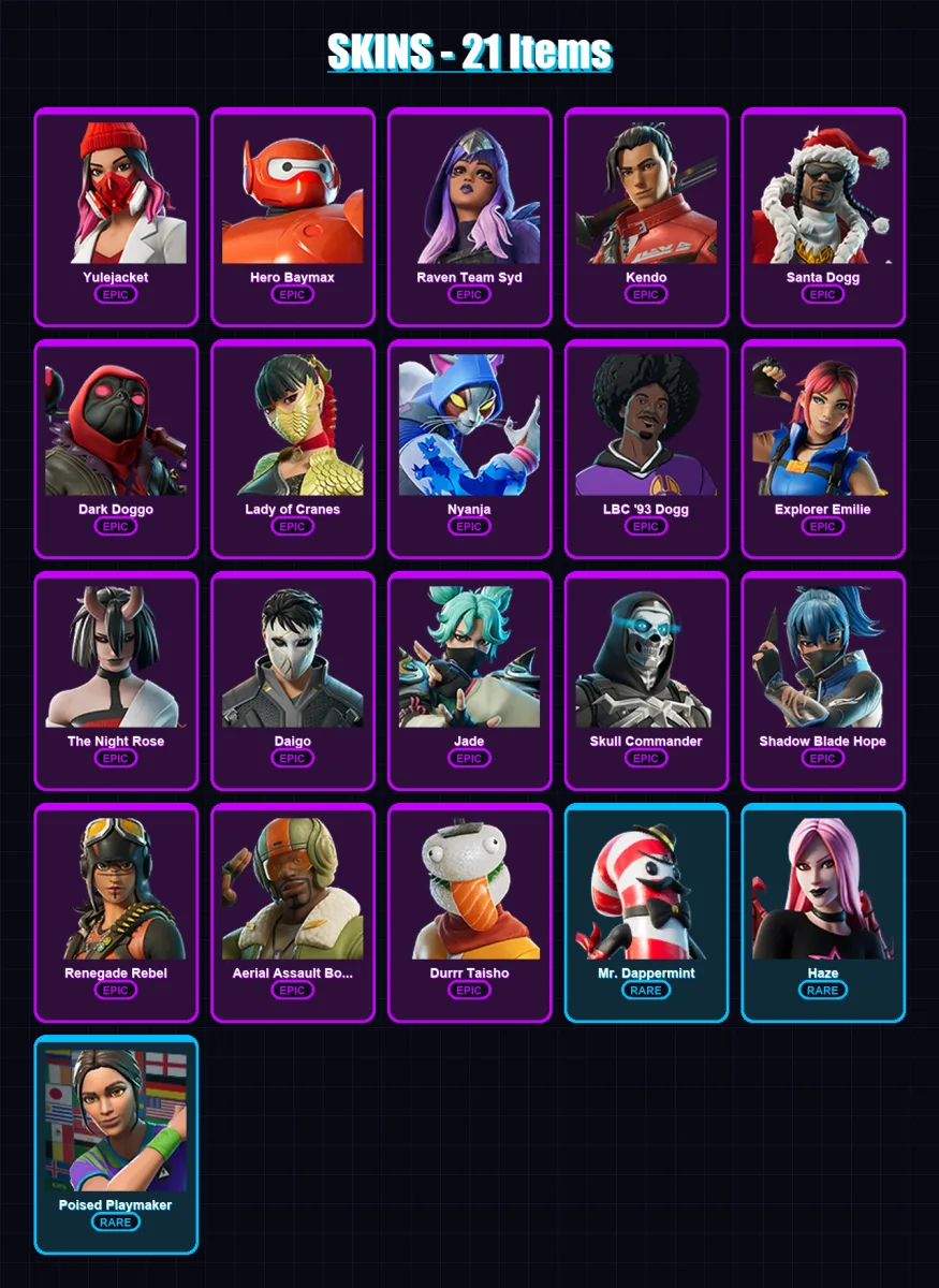 [PC/PSN] | Yulejacket | Hero Baymax | Raven Team Syd | Kendo | Santa Dogg | 21 skin | 43 pickaxe | 21 emote | 27 glider | Lv310