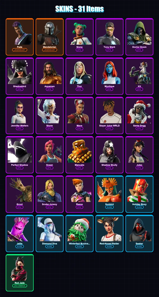 [PS4/PS5/PC] | Fade | Mandalorian | Siona | Tony Stark | Doctor Doom | 31 skin | 39 pickaxe | 25 emote | 31 glider | Lv421