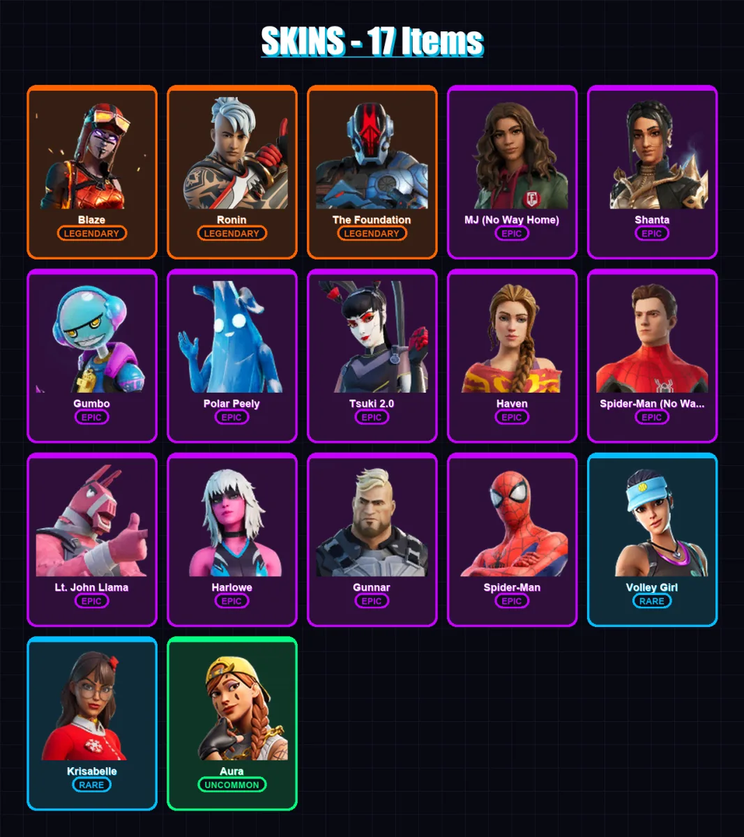 [PC/XBOX/PSN] | Blaze | Ronin | The Foundation | MJ (No Way Home) | Shanta | 17 skin | 16 pickaxe | 17 emote | 14 glider | Lv132