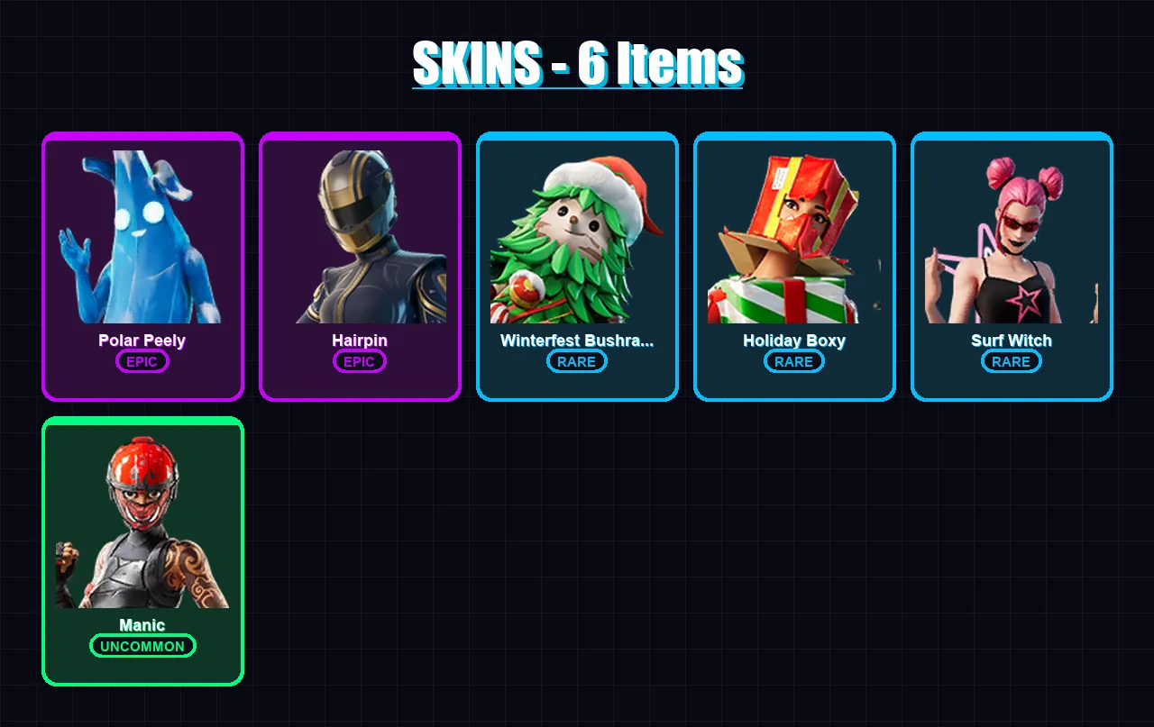 [PC/XBOX/PSN] | Polar Peely | Hairpin | Winterfest Bushranger | Holiday Boxy | Surf Witch | 6 skin | 28 pickaxe | 15 emote | 21 glider | Lv324