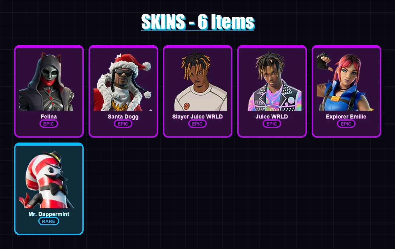 [PC/PSN] | Felina | Santa Dogg | Slayer Juice WRLD | Juice WRLD | Explorer Emilie | 6 skin | 29 pickaxe | 17 emote | 15 glider | Lv261