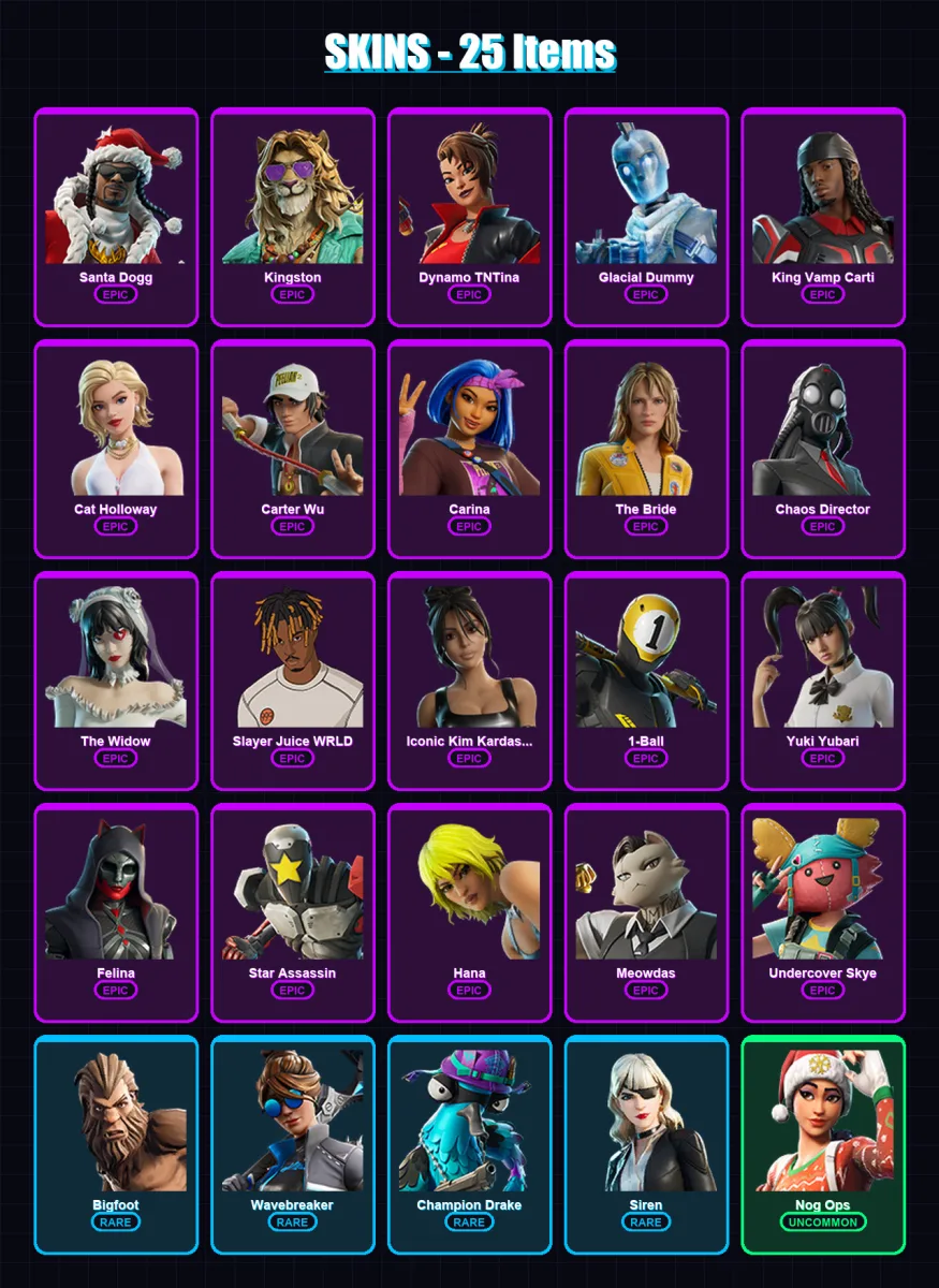 [PC/XBOX/PSN] | Santa Dogg | Kingston | Dynamo TNTina | Glacial Dummy | King Vamp Carti | 25 skin | 51 pickaxe | 27 emote | 30 glider | Lv279