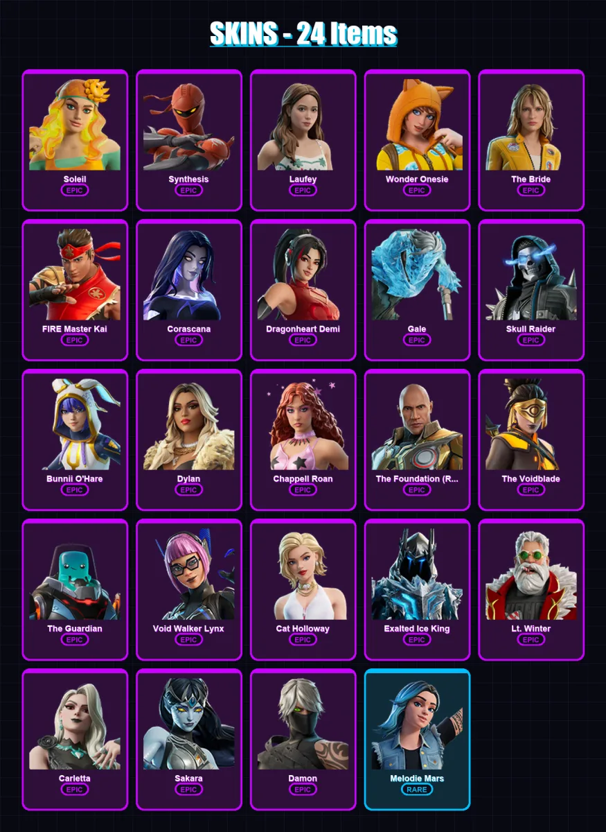 [PC/XBOX/PSN] | Soleil | Synthesis | Laufey | Wonder Onesie | The Bride | 24 skin | 22 pickaxe | 11 emote | 9 glider | Lv39