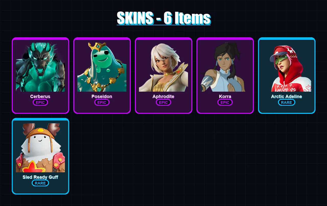 [PS4/PS5/XBOX/PC] | Cerberus | Poseidon | Aphrodite | Korra | Arctic Adeline | 6 skin | 20 pickaxe | 10 emote | 18 glider | Lv187