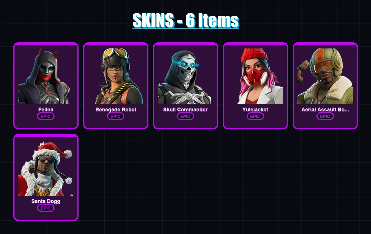 [PC/XBOX/PSN] | Felina | Renegade Rebel | Skull Commander | Yulejacket | Aerial Assault Bomber | 6 skin | 19 pickaxe | 11 emote | 12 glider | Lv237