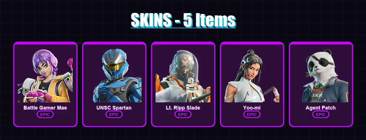 [PC/XBOX/PSN] | Battle Gamer Mae | UNSC Spartan | Lt. Ripp Slade | Yoo-mi | Agent Patch | 5 skin | 33 pickaxe | 19 emote | 26 glider | Lv491