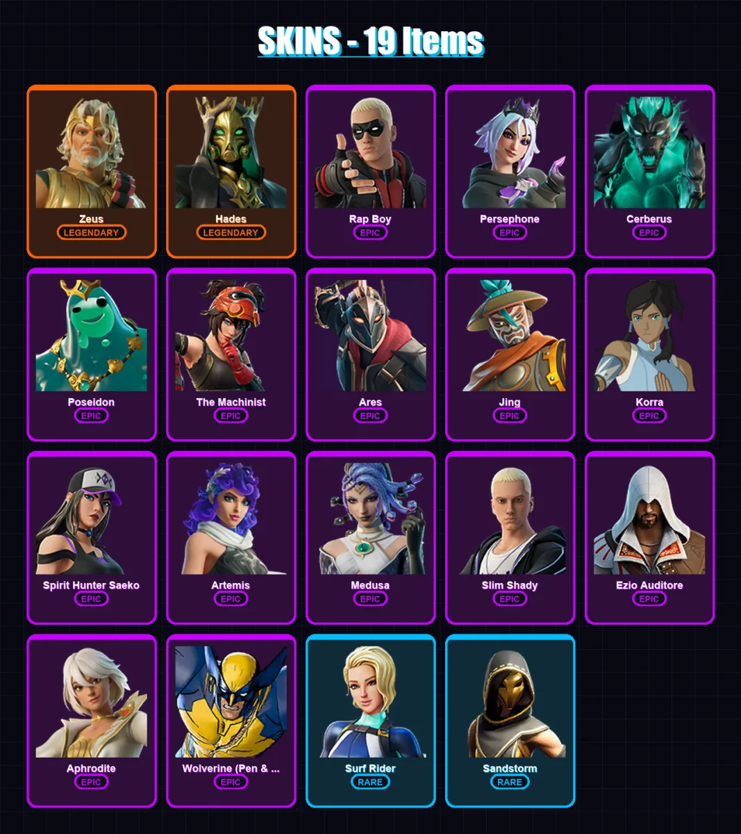[PC/XBOX/PSN] | Zeus | Hades | Rap Boy | Persephone | Cerberus | 19 skin | 19 pickaxe | 16 emote | 12 glider | Lv136