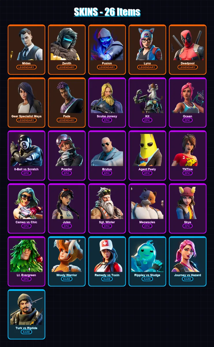 [PC/XBOX/PSN] | Midas | Zenith | Fusion | Lynx | Deadpool | 26 skin | 31 pickaxe | 43 emote | 39 glider | Lv675 — Fortnite account