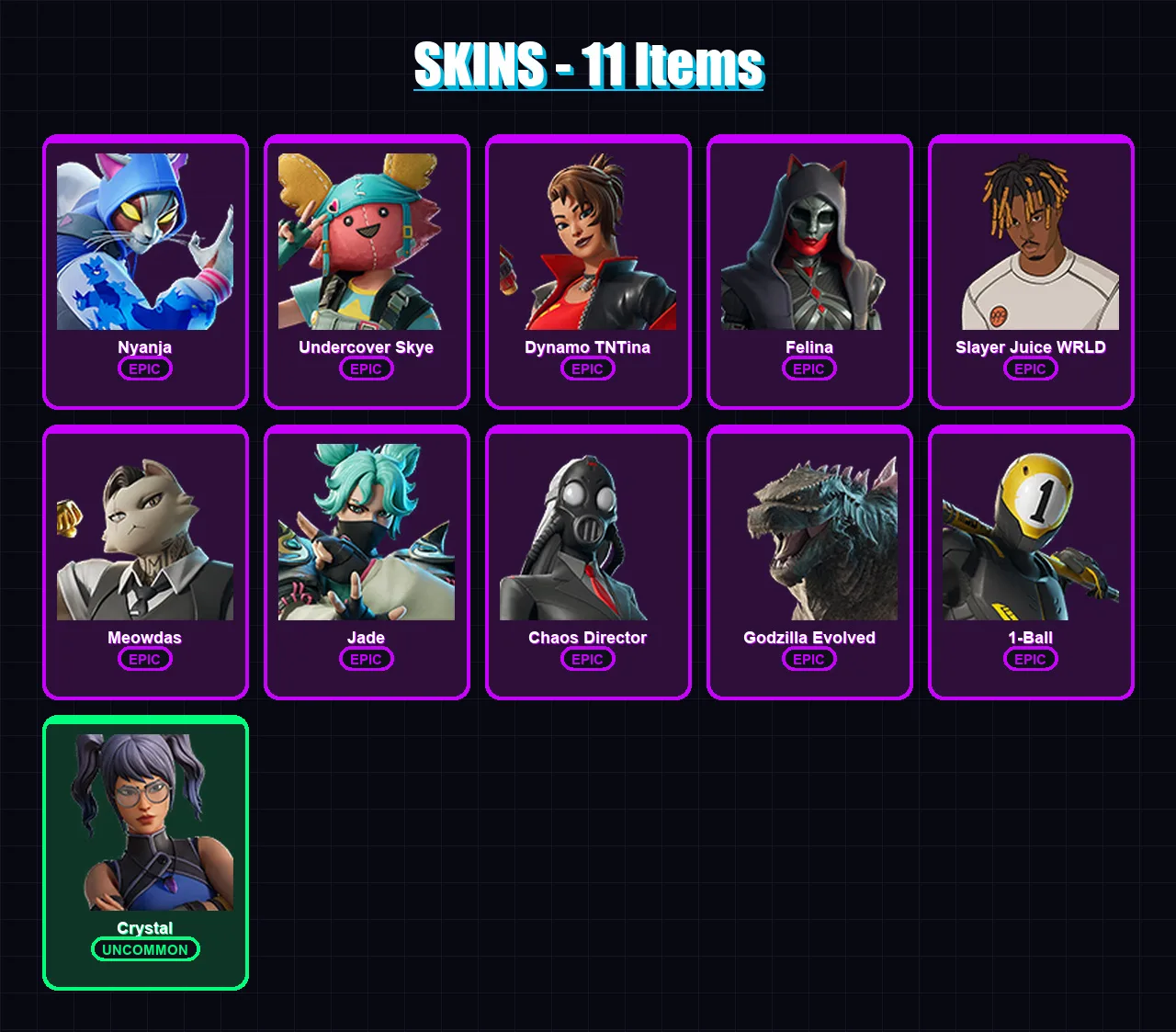 [PC/XBOX] | Nyanja | Undercover Skye | Dynamo TNTina | Felina | Slayer Juice WRLD | 11 skin | 39 pickaxe | 27 emote | 34 glider | Lv416 — Fortnite account