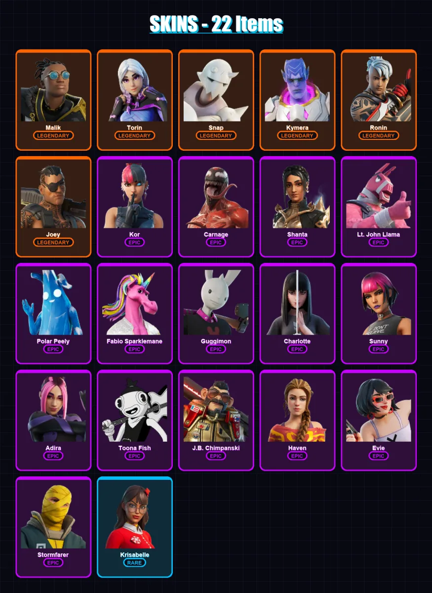 [PC/XBOX/PSN] | Malik | Torin | Snap | Kymera | Ronin | 22 skin | 33 pickaxe | 28 emote | 35 glider | Lv660