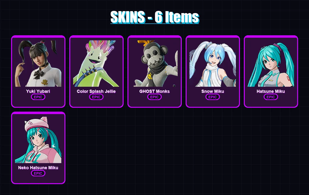 [PC/PSN] | Yuki Yubari | Color Splash Jellie | GHOST Monks | Snow Miku | Hatsune Miku | 6 skin | 33 pickaxe | 20 emote | 24 glider | Lv223