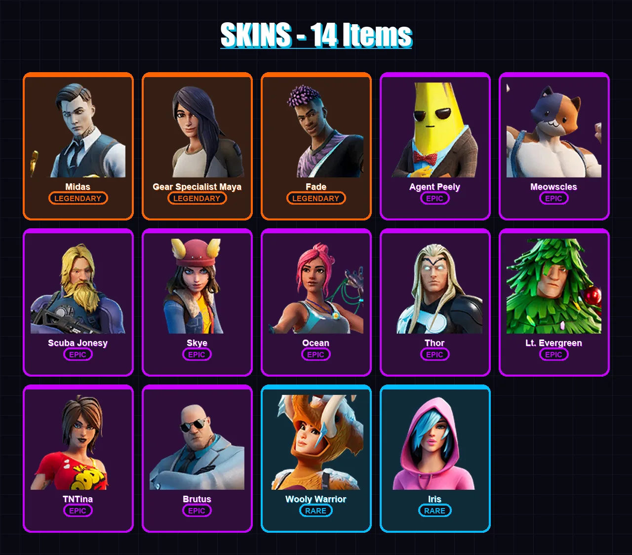 [PC/XBOX/PSN] | Midas | Gear Specialist Maya | Fade | Agent Peely | Meowscles | 14 skin | 21 pickaxe | 17 emote | 23 glider | Lv438
