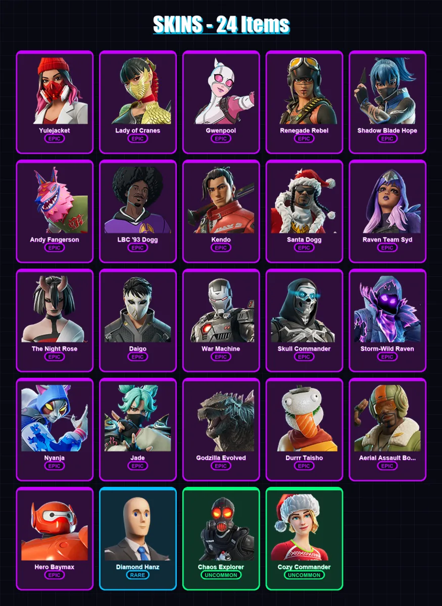 [PS4/PS5/XBOX/PC] | Yulejacket | Lady of Cranes | Gwenpool | Renegade Rebel | Shadow Blade Hope | 24 skin | 40 pickaxe | 19 emote | 23 glider | Lv30 — Fortnite account