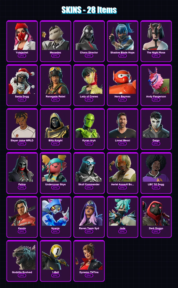 [PC/XBOX/PSN] | Yulejacket | Meowdas | Chaos Director | Shadow Blade Hope | The Night Rose | 28 skin | 59 pickaxe | 29 emote | 38 glider | Lv621