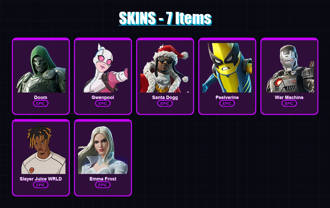 [PC/XBOX/PSN] | Doom | Gwenpool | Santa Dogg | Peelverine | War Machine | 7 skin | 17 pickaxe | 9 emote | 10 glider | Lv87