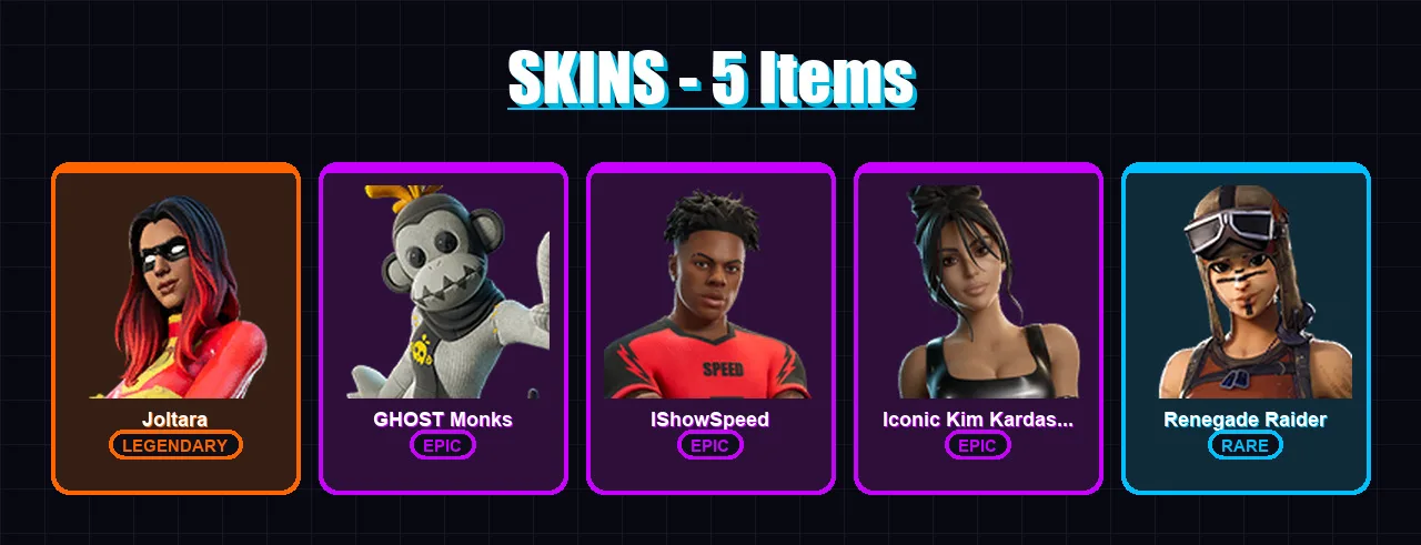 [PC/XBOX/PSN] | Joltara | GHOST Monks | IShowSpeed | Iconic Kim Kardashian | Renegade Raider | 5 skin | 7 pickaxe | 6 emote | 8 glider | Lv58